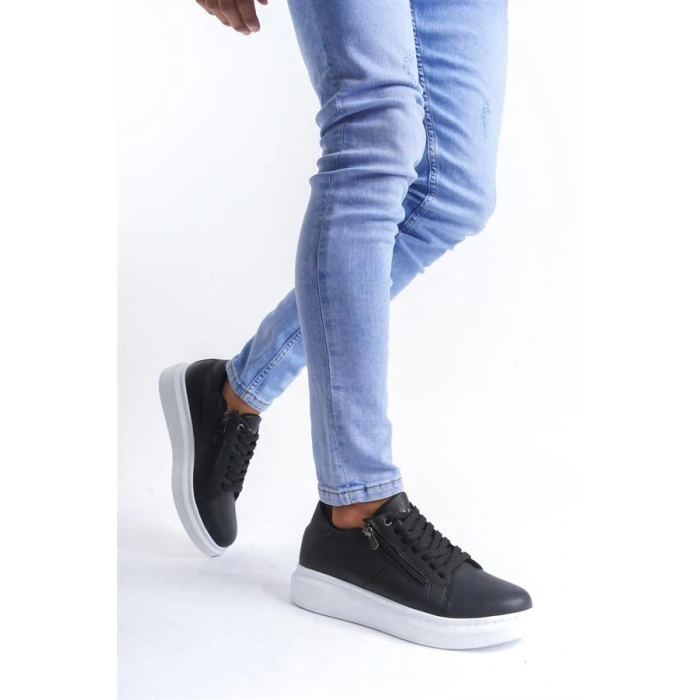 SLW155 Warrior Bağcıklı ve Fermuarlı Cilt Erkek Günlük Sneaker Ayakkabı BT - Siyah