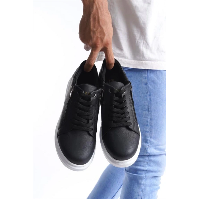 SLW155 Warrior Bağcıklı ve Fermuarlı Cilt Erkek Günlük Sneaker Ayakkabı BT - Siyah