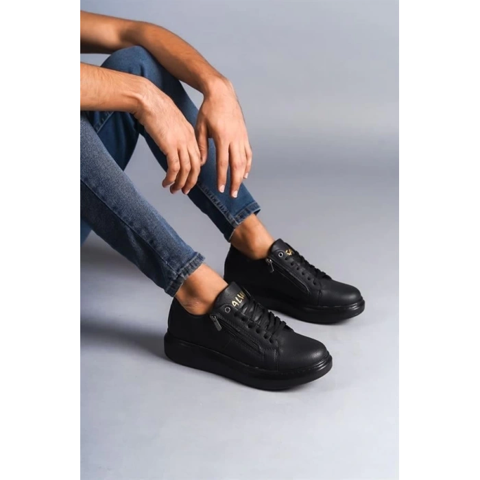 SLW155 Warrior Bağcıklı ve Fermuarlı Cilt Erkek Günlük Sneaker Ayakkabı ST - Siyah