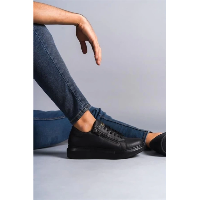 SLW155 Warrior Bağcıklı ve Fermuarlı Cilt Erkek Günlük Sneaker Ayakkabı ST - Siyah