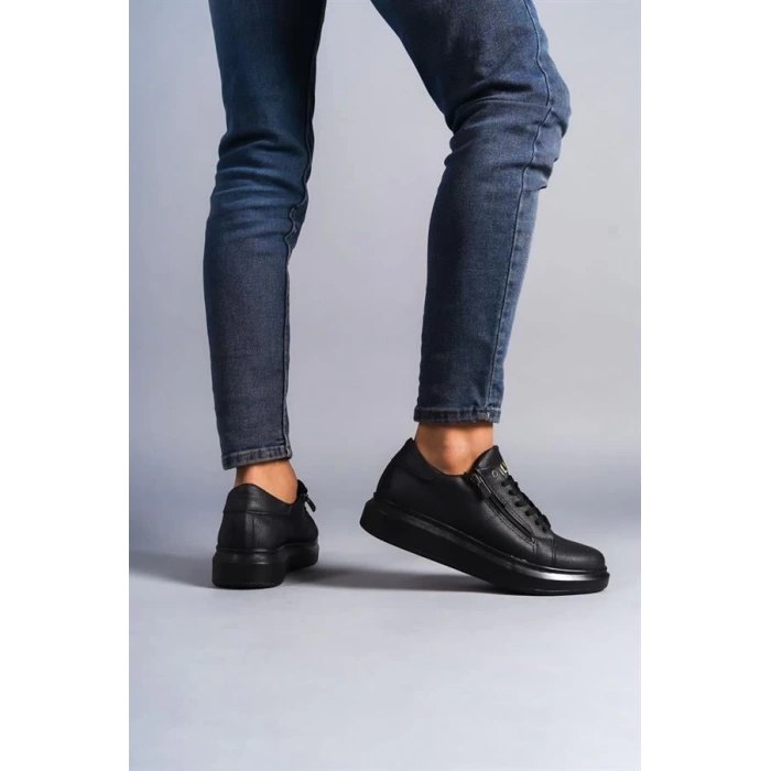 SLW155 Warrior Bağcıklı ve Fermuarlı Cilt Erkek Günlük Sneaker Ayakkabı ST - Siyah