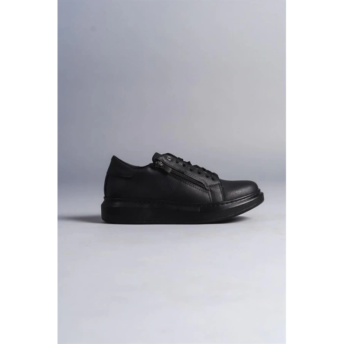 SLW155 Warrior Bağcıklı ve Fermuarlı Cilt Erkek Günlük Sneaker Ayakkabı ST - Siyah