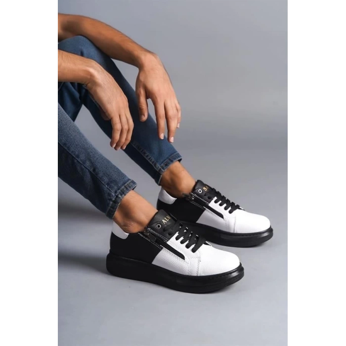 SLW155 Warrior Bağcıklı ve Fermuarlı Cilt Erkek Günlük Sneaker Ayakkabı ST - Siyah/Beyaz