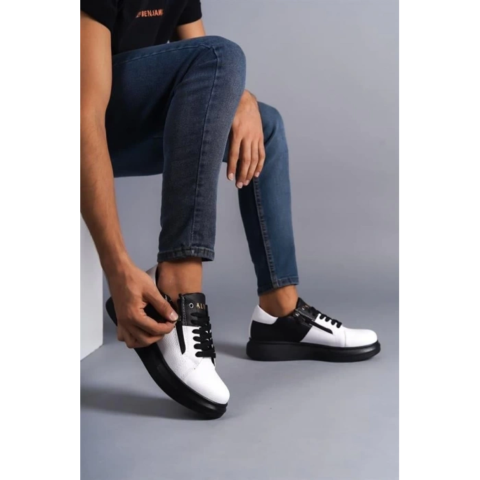 SLW155 Warrior Bağcıklı ve Fermuarlı Cilt Erkek Günlük Sneaker Ayakkabı ST - Siyah/Beyaz