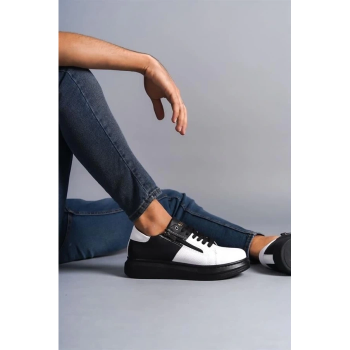 SLW155 Warrior Bağcıklı ve Fermuarlı Cilt Erkek Günlük Sneaker Ayakkabı ST - Siyah/Beyaz