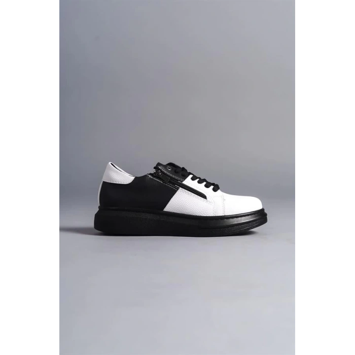 SLW155 Warrior Bağcıklı ve Fermuarlı Cilt Erkek Günlük Sneaker Ayakkabı ST - Siyah/Beyaz