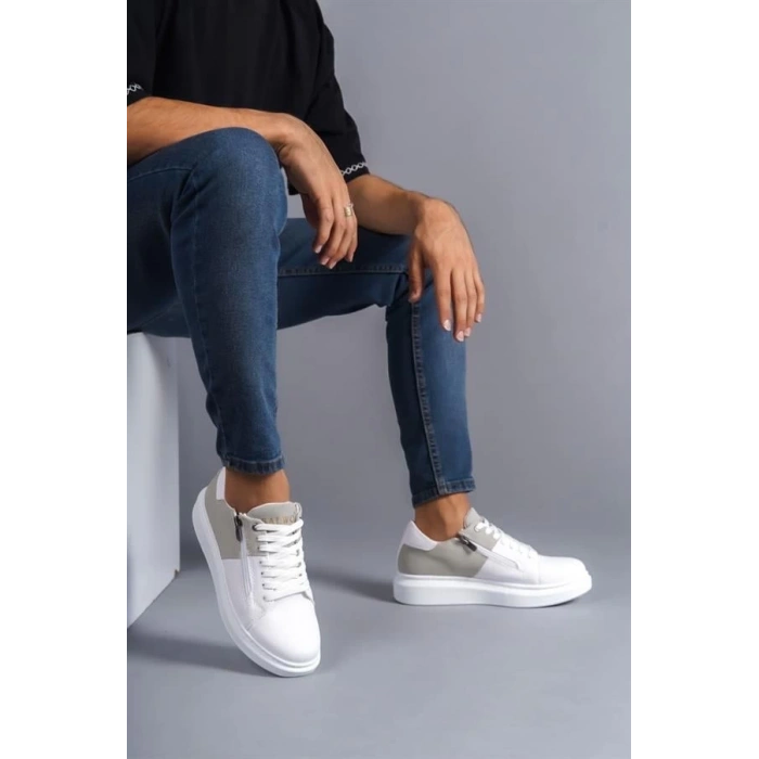 SLW155 Warrior Bağcıklı ve Fermuarlı Cilt Süet Erkek Günlük Sneaker Ayakkabı BT - Beyaz/Gri