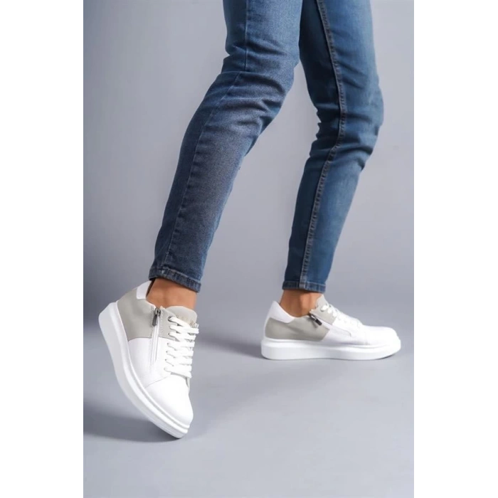 SLW155 Warrior Bağcıklı ve Fermuarlı Cilt Süet Erkek Günlük Sneaker Ayakkabı BT - Beyaz/Gri