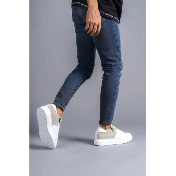 SLW155 Warrior Bağcıklı ve Fermuarlı Cilt Süet Erkek Günlük Sneaker Ayakkabı BT - Beyaz/Gri