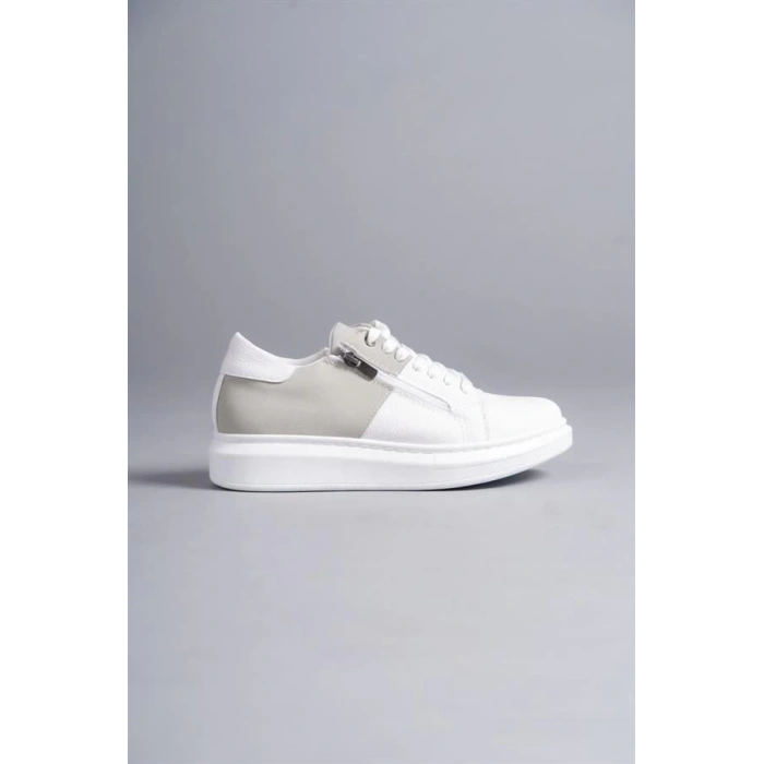 SLW155 Warrior Bağcıklı ve Fermuarlı Cilt Süet Erkek Günlük Sneaker Ayakkabı BT - Beyaz/Gri