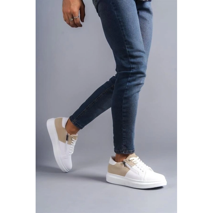 SLW155 Warrior Bağcıklı ve Fermuarlı Cilt Süet Erkek Günlük Sneaker Ayakkabı BT - Beyaz/Krem