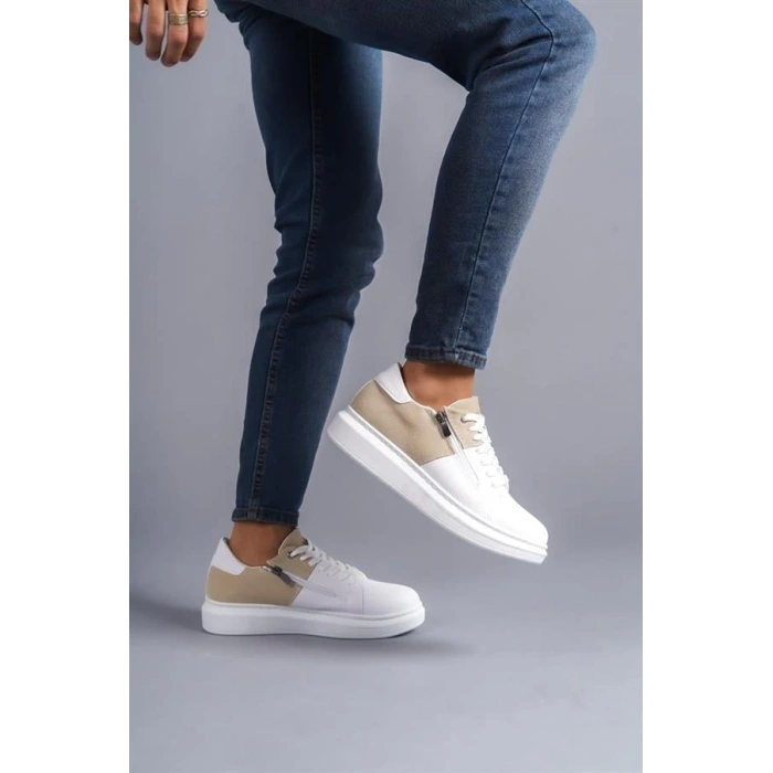 SLW155 Warrior Bağcıklı ve Fermuarlı Cilt Süet Erkek Günlük Sneaker Ayakkabı BT - Beyaz/Krem