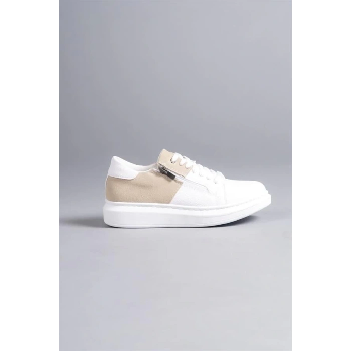 SLW155 Warrior Bağcıklı ve Fermuarlı Cilt Süet Erkek Günlük Sneaker Ayakkabı BT - Beyaz/Krem