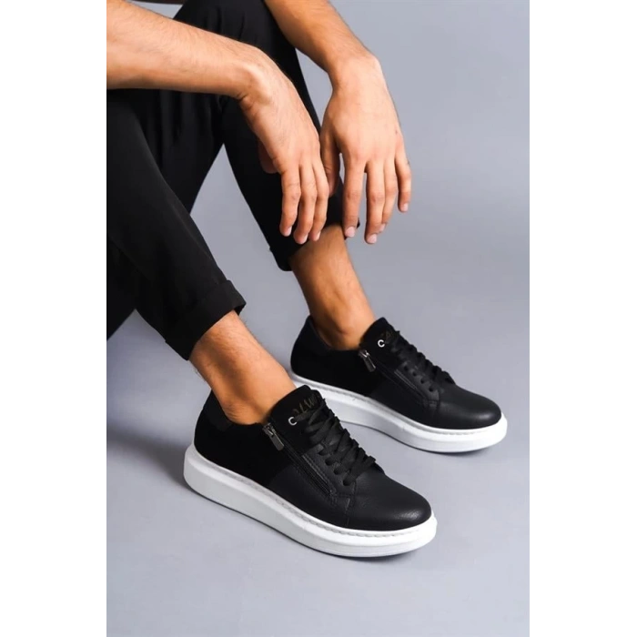 SLW155 Warrior Bağcıklı ve Fermuarlı Cilt Süet Erkek Günlük Sneaker Ayakkabı BT - Siyah