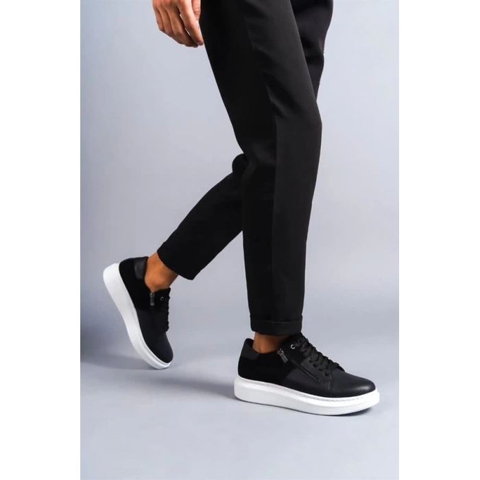 SLW155 Warrior Bağcıklı ve Fermuarlı Cilt Süet Erkek Günlük Sneaker Ayakkabı BT - Siyah