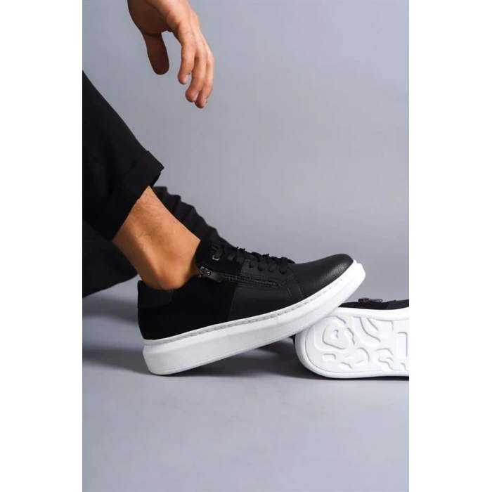 SLW155 Warrior Bağcıklı ve Fermuarlı Cilt Süet Erkek Günlük Sneaker Ayakkabı BT - Siyah