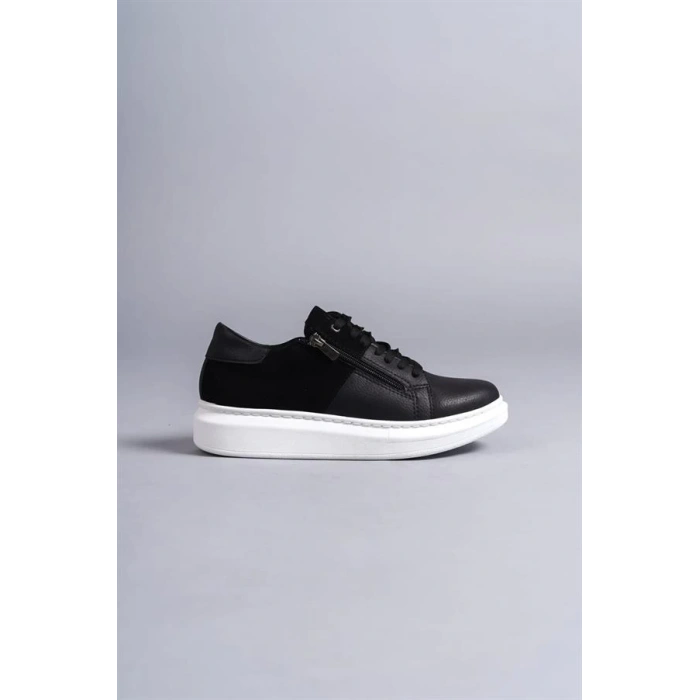 SLW155 Warrior Bağcıklı ve Fermuarlı Cilt Süet Erkek Günlük Sneaker Ayakkabı BT - Siyah