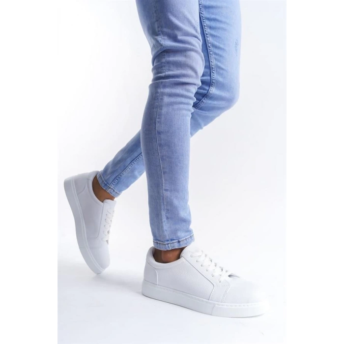 SLW165 Elite Bağcıklı Cilt Erkek Günlük Sneaker Ayakkabı BT - Beyaz