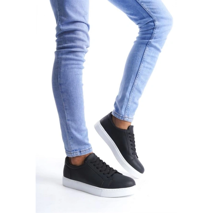 SLW165 Elite Bağcıklı Cilt Erkek Günlük Sneaker Ayakkabı BT - Siyah
