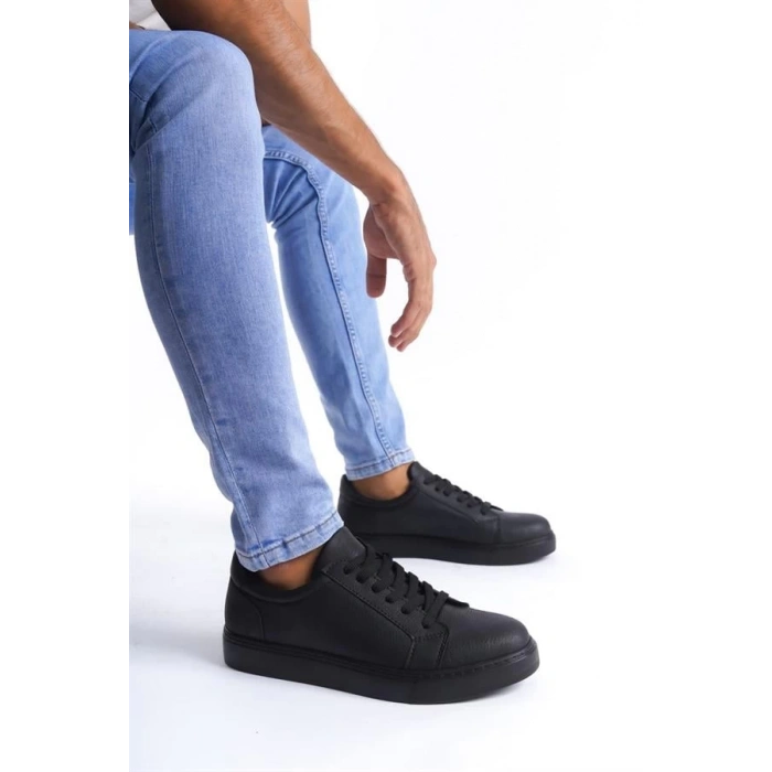 SLW165 Elite Bağcıklı Cilt Erkek Günlük Sneaker Ayakkabı ST - Siyah