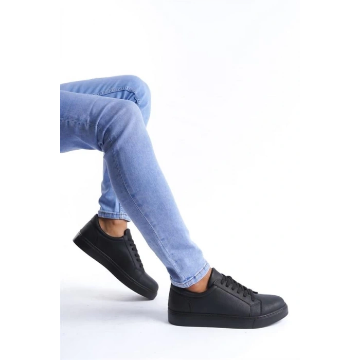 SLW165 Elite Bağcıklı Cilt Erkek Günlük Sneaker Ayakkabı ST - Siyah