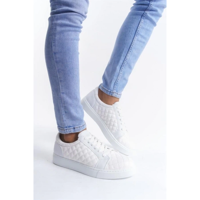 SLW166 Prestige Bağcıklı Cilt Kapitone Desenli Erkek Günlük Sneaker Ayakkabı BT - Beyaz