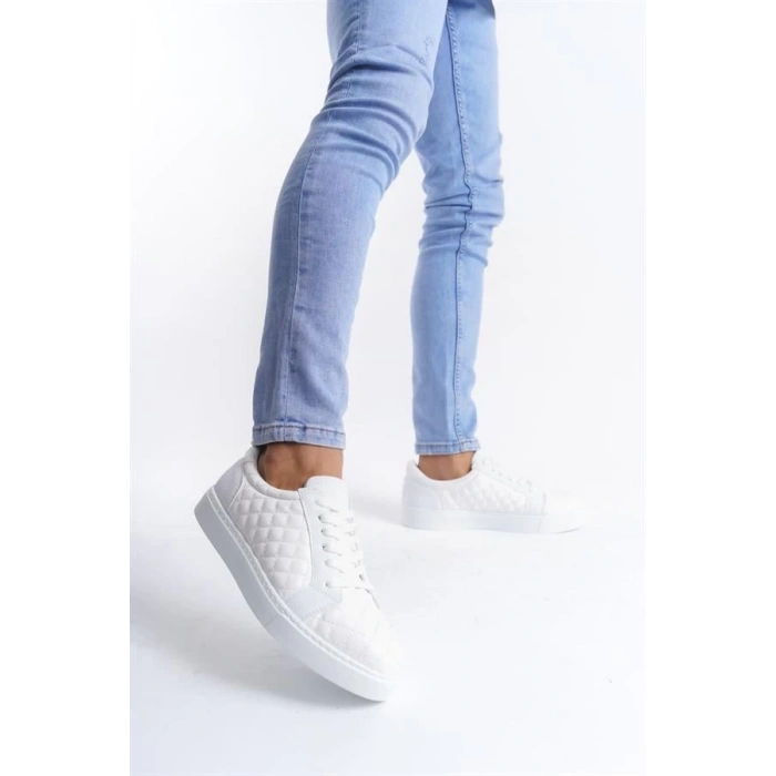 SLW166 Prestige Bağcıklı Cilt Kapitone Desenli Erkek Günlük Sneaker Ayakkabı BT - Beyaz
