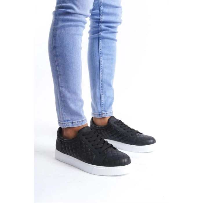 SLW166 Prestige Bağcıklı Cilt Kapitone Desenli Erkek Günlük Sneaker Ayakkabı BT - Siyah