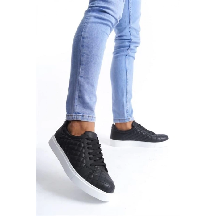 SLW166 Prestige Bağcıklı Cilt Kapitone Desenli Erkek Günlük Sneaker Ayakkabı BT - Siyah