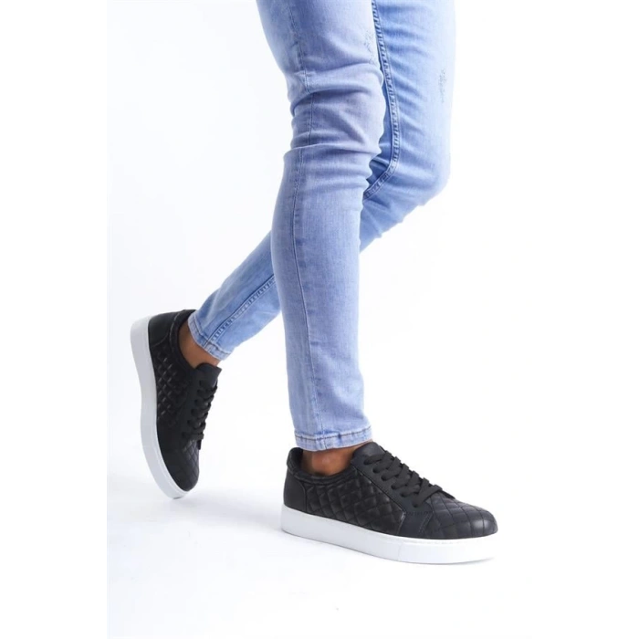 SLW166 Prestige Bağcıklı Cilt Kapitone Desenli Erkek Günlük Sneaker Ayakkabı BT - Siyah