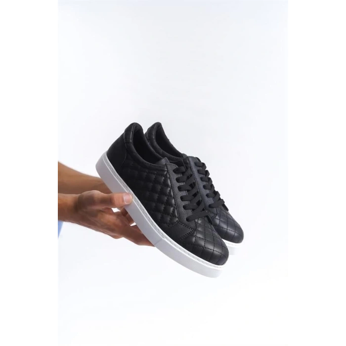 SLW166 Prestige Bağcıklı Cilt Kapitone Desenli Erkek Günlük Sneaker Ayakkabı BT - Siyah