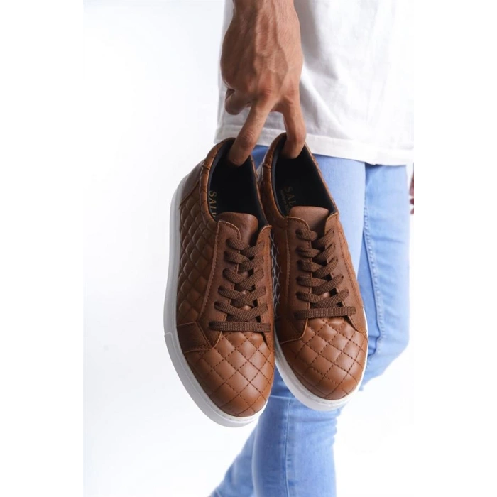 SLW166 Prestige Bağcıklı Cilt Kapitone Desenli Erkek Günlük Sneaker Ayakkabı BT - Taba