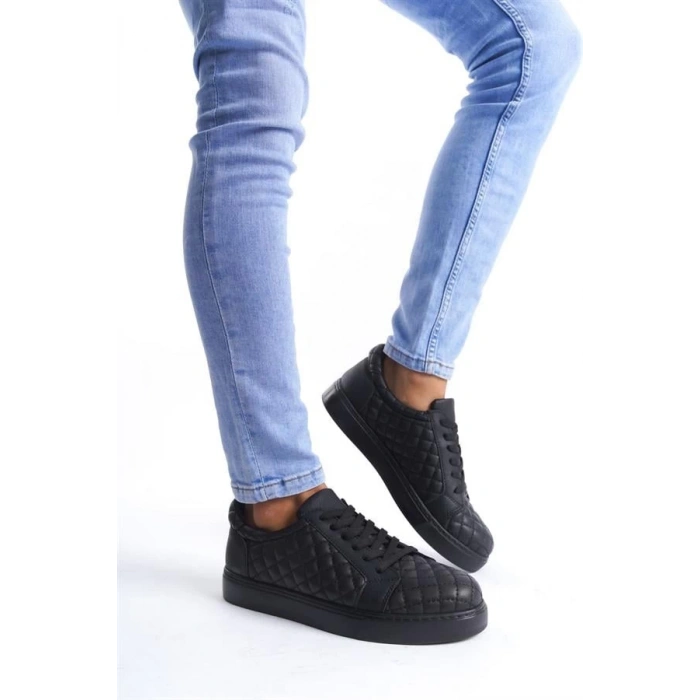 SLW166 Prestige Bağcıklı Cilt Kapitone Desenli Erkek Günlük Sneaker Ayakkabı ST - Siyah