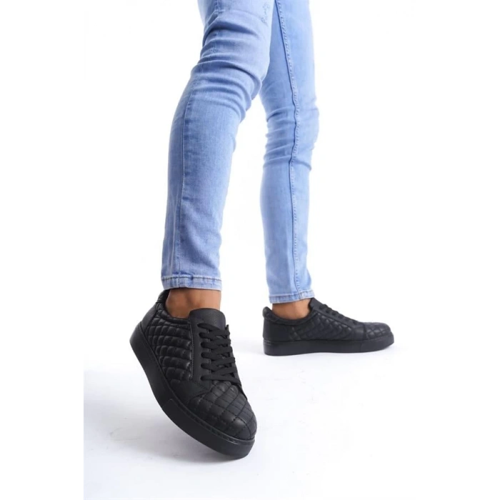 SLW166 Prestige Bağcıklı Cilt Kapitone Desenli Erkek Günlük Sneaker Ayakkabı ST - Siyah