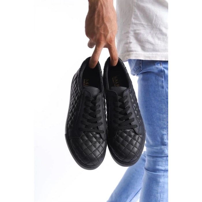 SLW166 Prestige Bağcıklı Cilt Kapitone Desenli Erkek Günlük Sneaker Ayakkabı ST - Siyah
