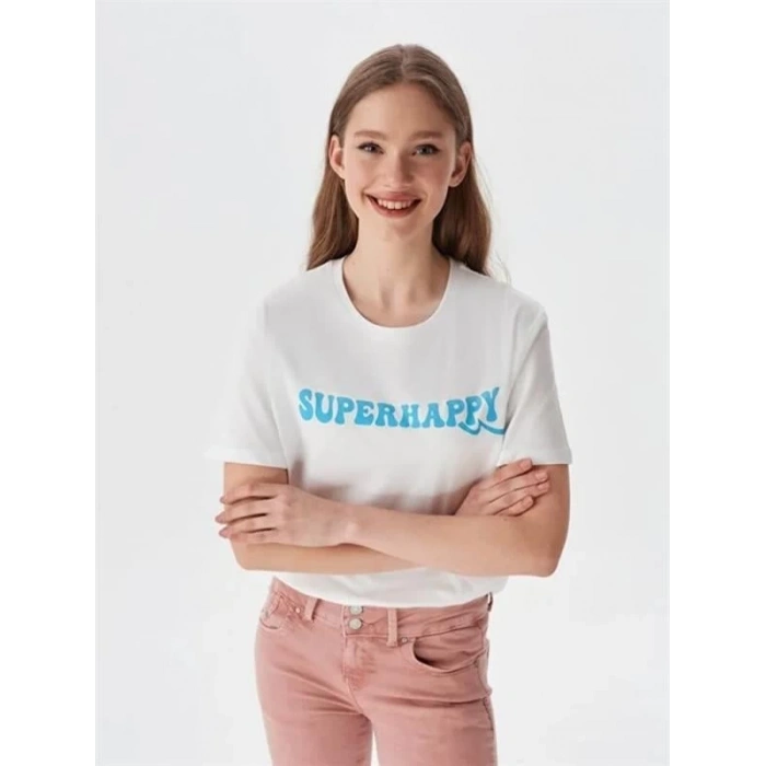 Super Happy Bisiklet Yaka T- Shirt Beyaz