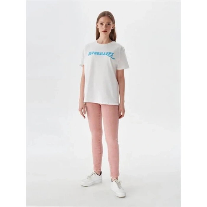 Super Happy Bisiklet Yaka T- Shirt Beyaz