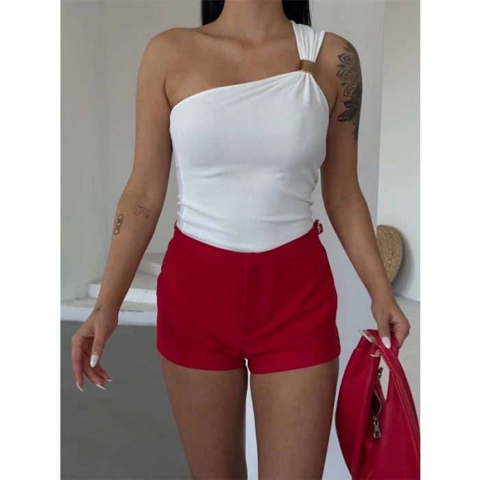 Tek omuzlu Otoman kumaş gold metal detaylı bluz s2311