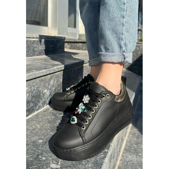 Tenya Siyah Cilt Taşlı Bağcıklı Spor Ayakkabı