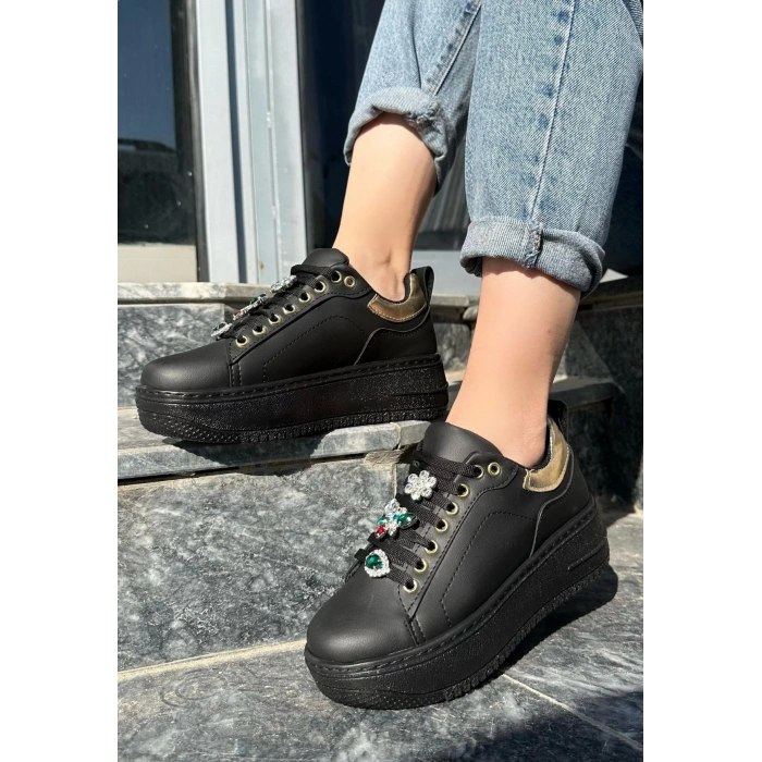 Tenya Siyah Cilt Taşlı Bağcıklı Spor Ayakkabı