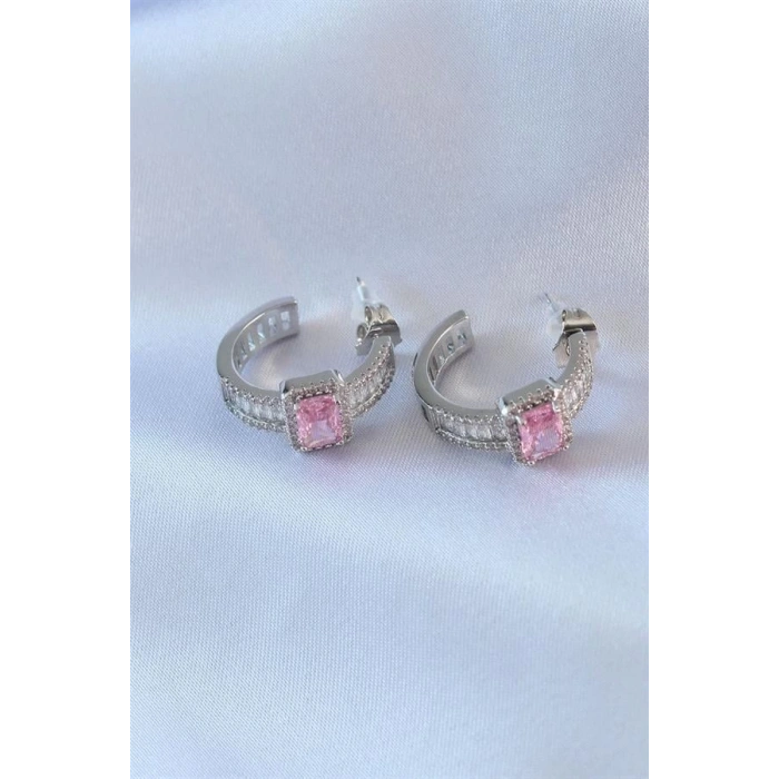 VIP Seri Gümüş Renk Yarım Halka Model Zirkon Taşlı Pirinç Kadın Küpe