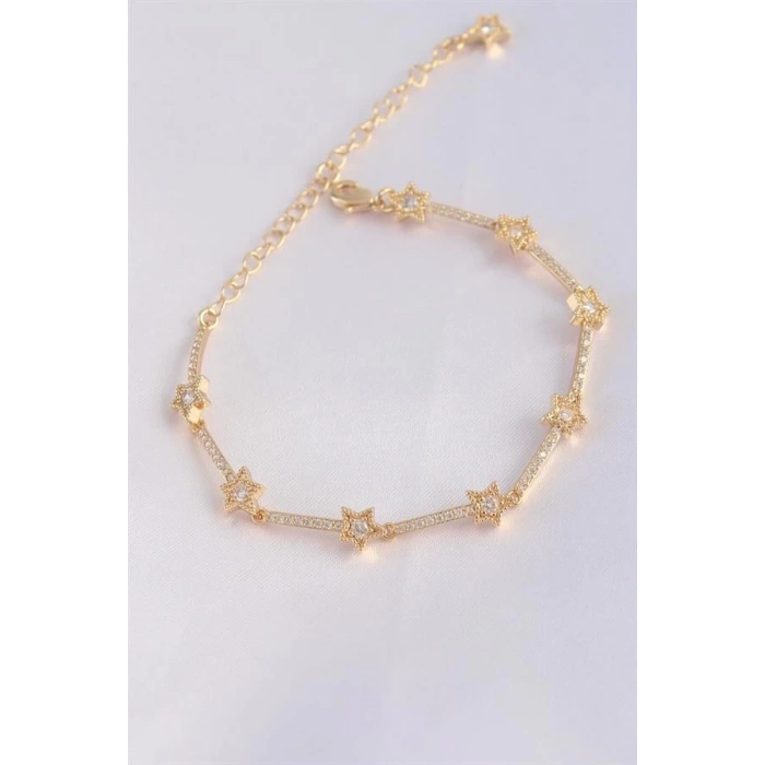 Vip Seri Pirinç Zirkon Taşlı Gold Renk Halley Model Bileklik