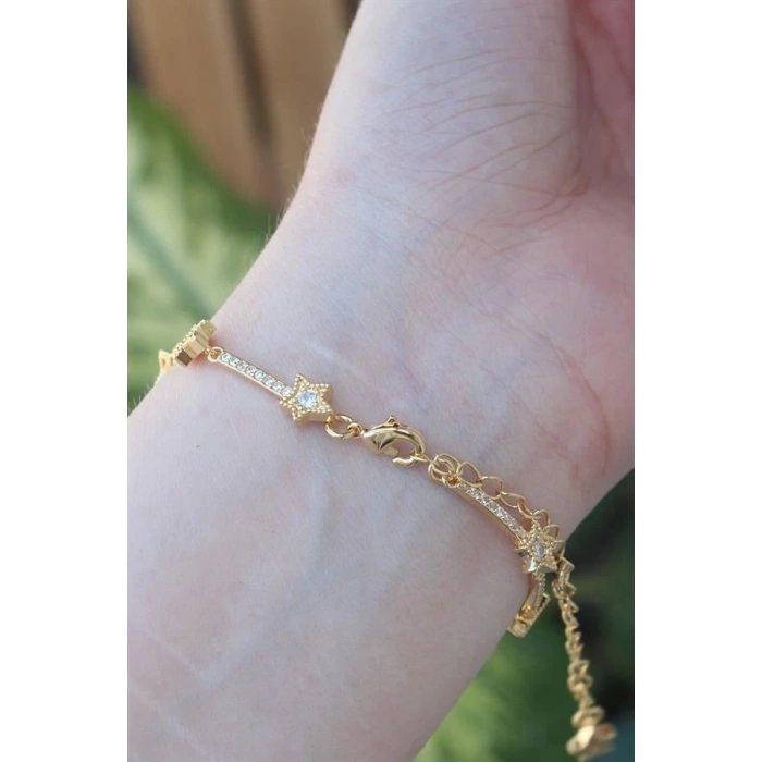 Vip Seri Pirinç Zirkon Taşlı Gold Renk Halley Model Bileklik