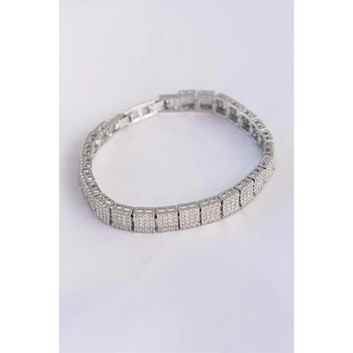 Vip Seri Pirinç Zirkon Taşlı Gümüş Renk Kare Su Yolu Model Bileklik