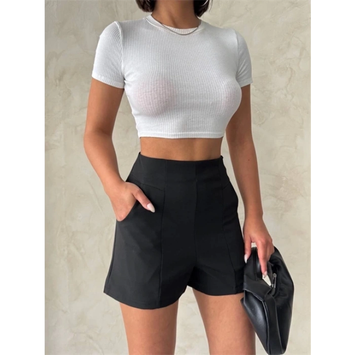 Yüksek bel parçalı double kumaş şort s25312