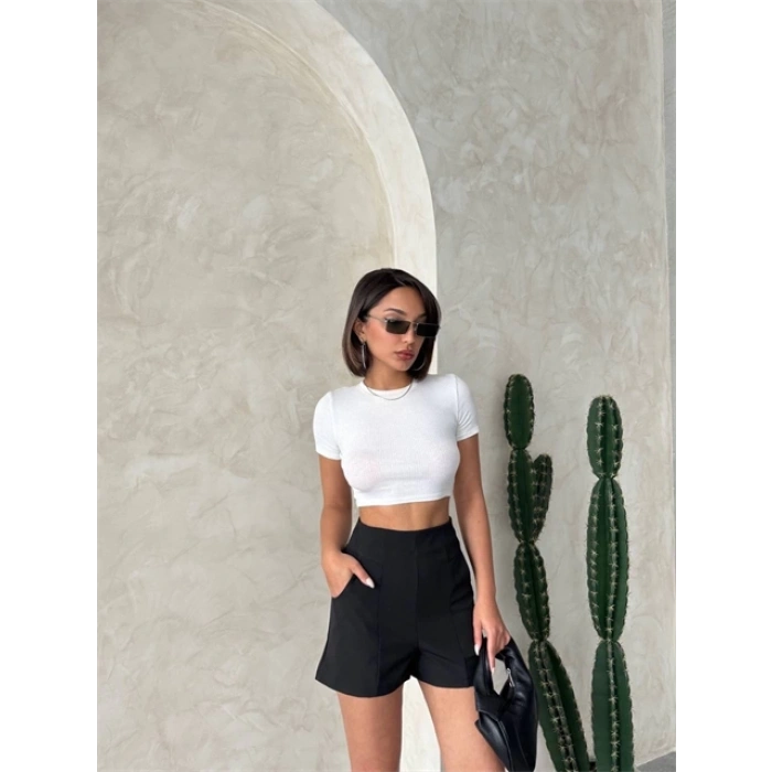 Yüksek bel parçalı double kumaş şort s25312