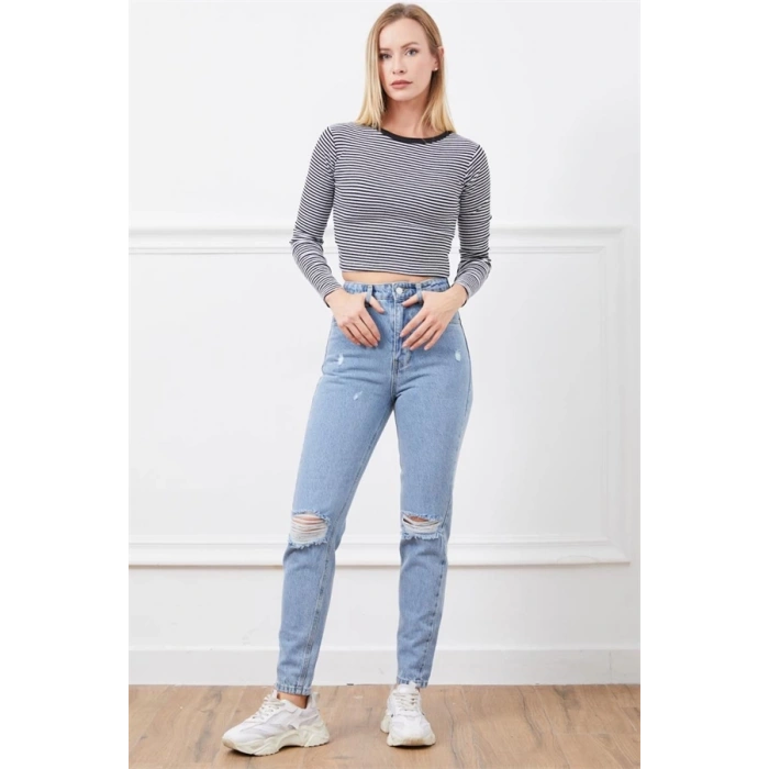 Yüksek bel yırtmaçlı mom jean pantolon