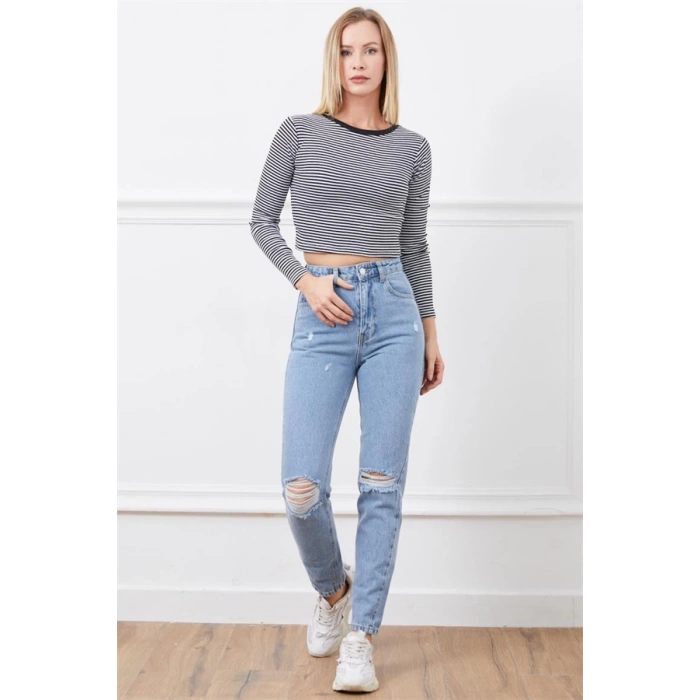 Yüksek bel yırtmaçlı mom jean pantolon