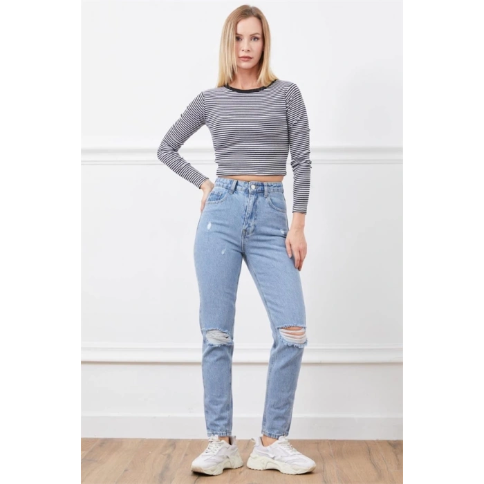 Yüksek bel yırtmaçlı mom jean pantolon