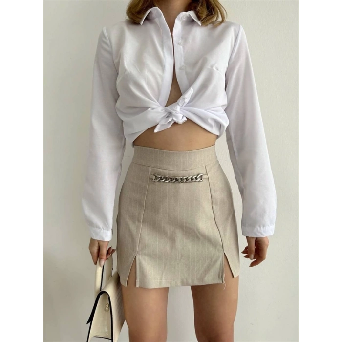 Zincir detaylı çizgili şort etek